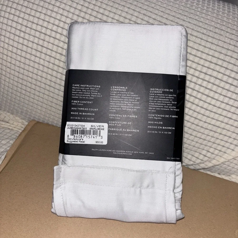 NWT Lauren Ralph Lauren Dunham Sateen King Pillowcases 2 Pack Silver Cotton